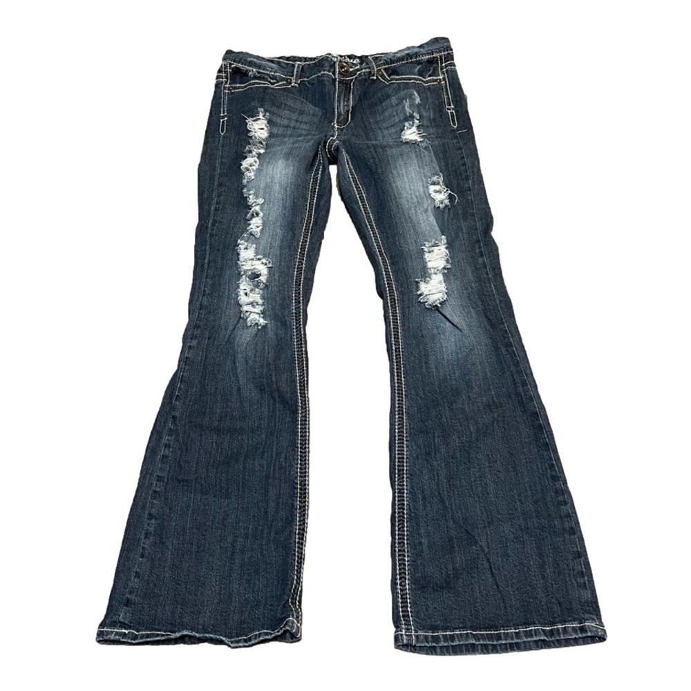 PREMIERE Dark Denim Distressed Embroidered Flare Jeans Women’s (Sz 13/14)